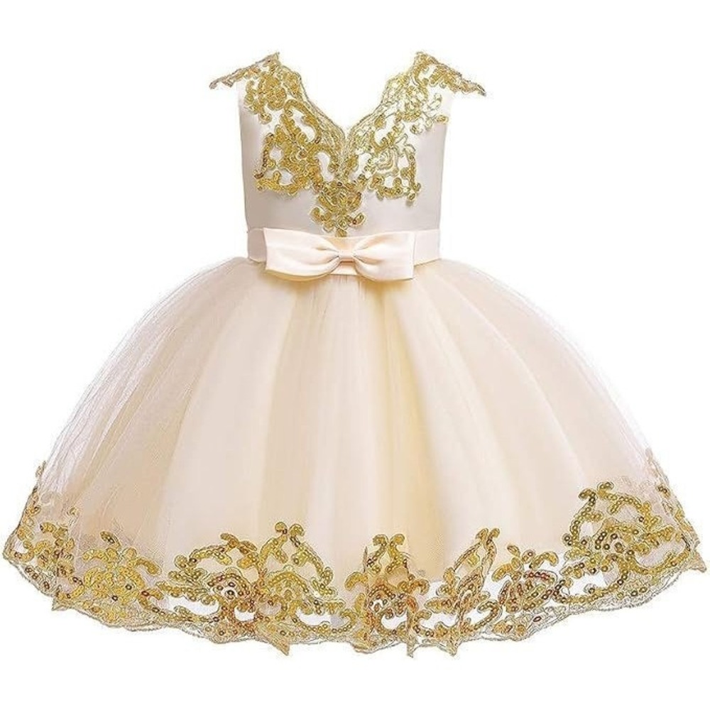 Odasdo Flower Girl Tutu Princess Wedding Sequin Formal Dress - Champagne - 9/10